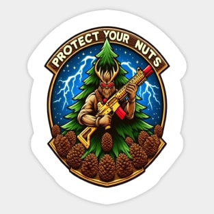 Fierce Cartoon Squirrel Defending Pine Cones With a Toy Gun Amidst Lightning Sticker